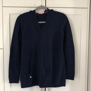 Lilly Pulitzer Navy Hooded V-Neck Cotton Knit Sweater with Kangaroo Pocket Small
